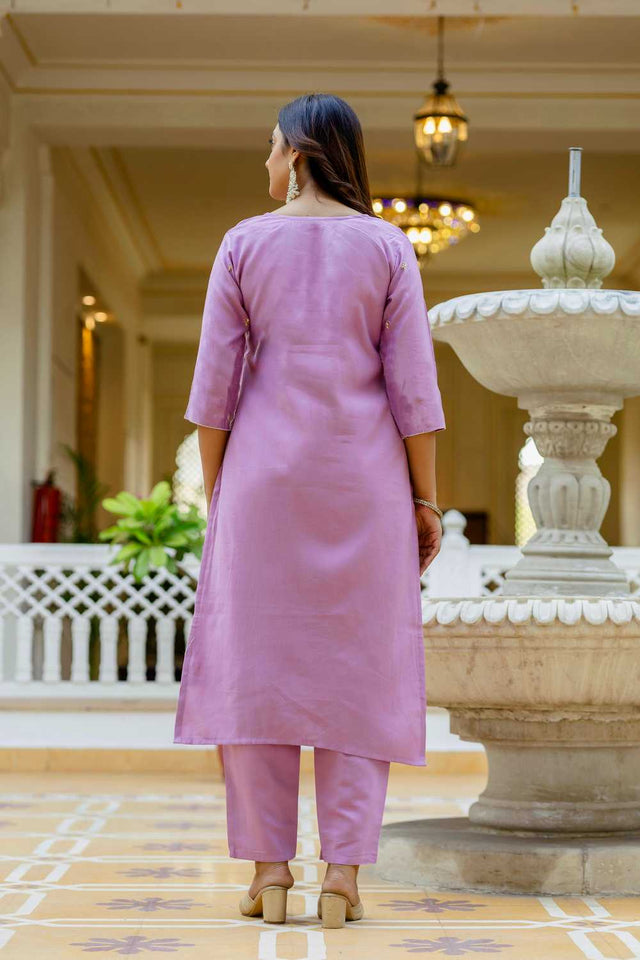 Lavender Floral Embroidered Viscose Kurti Pant Set