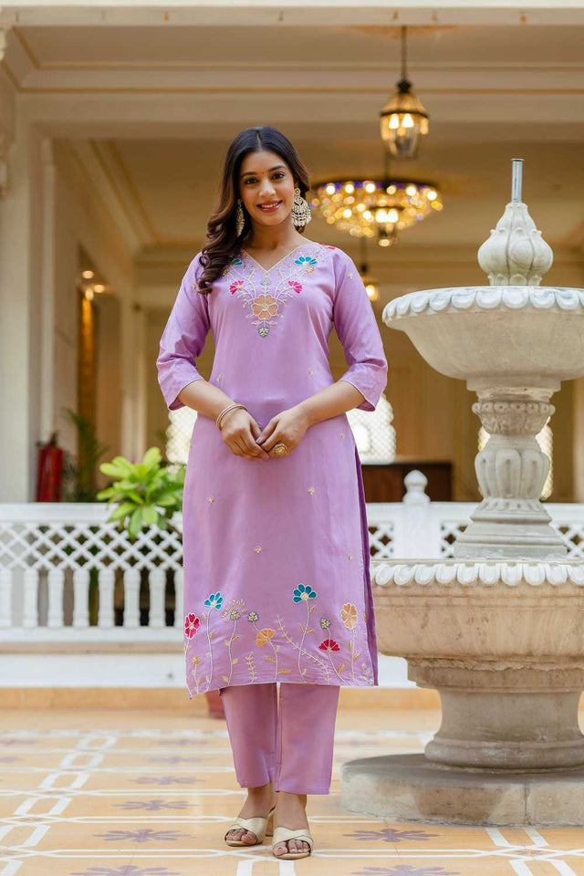 Lavender Floral Embroidered Viscose Kurti Pant Set