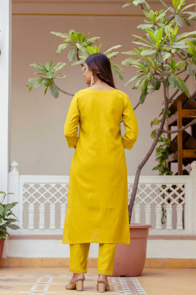 Mustard Floral Embroidered Viscose Kurti Pant Set