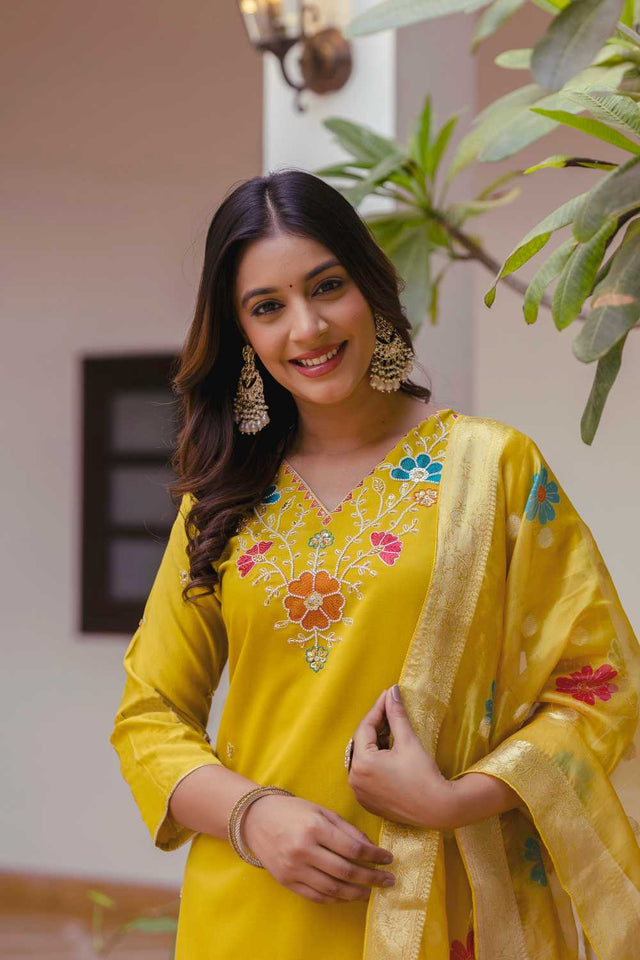 Mustard Floral Embroidered Viscose Kurti Pant Set