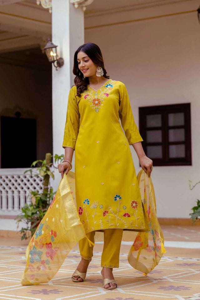 Mustard Floral Embroidered Viscose Kurti Pant Set