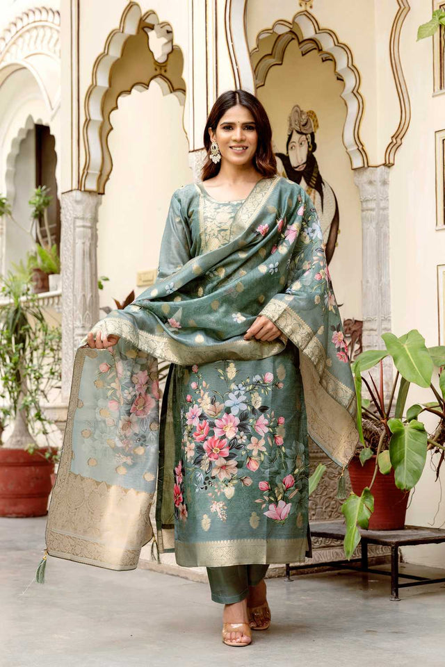 Grey Floral Printed Chanderi Kurti Pant Set