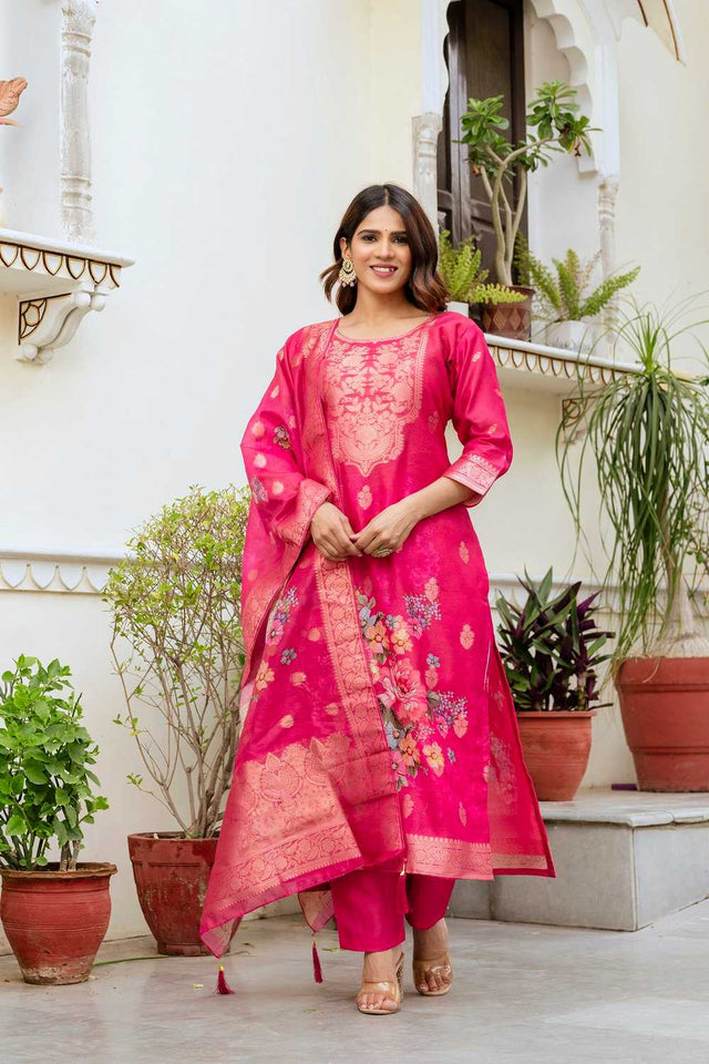 Pink Floral Printed Chanderi Kurti Pant Set