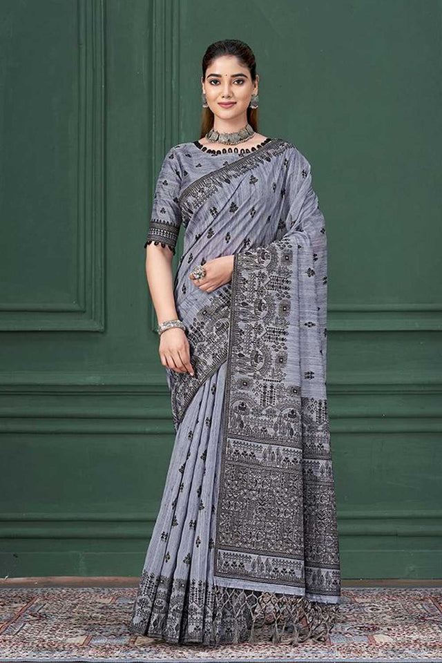 Blue Warli Printed Silk Saree