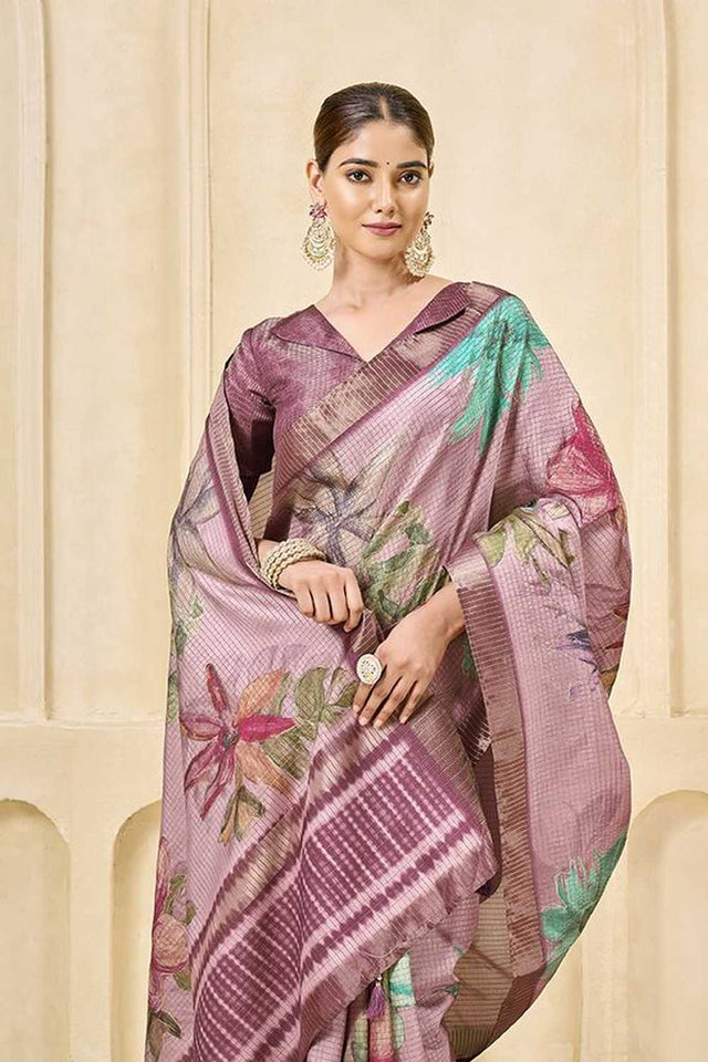 Pink Floral Printed Silk Saree