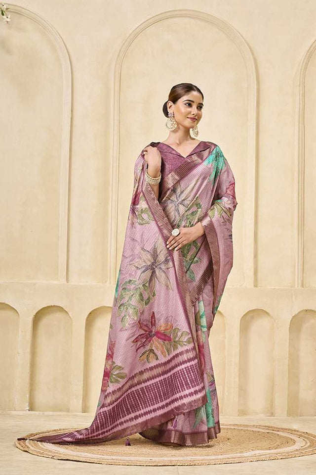 Pink Floral Printed Silk Saree