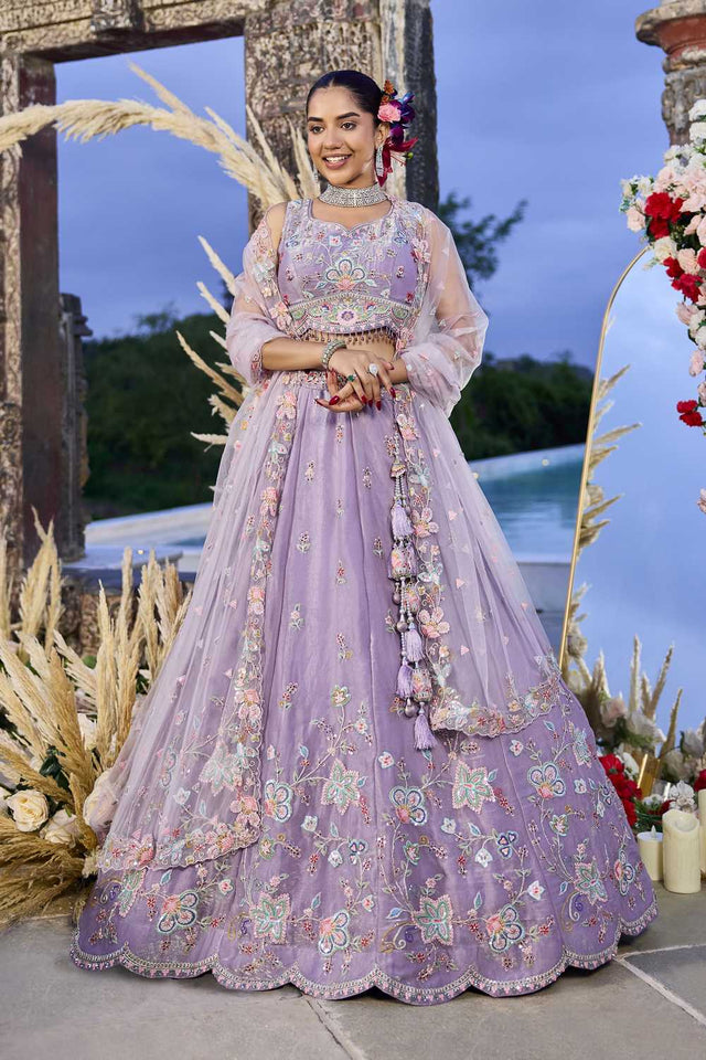 Lavender Floral Embriodered Satin Lehenga (ACA1890)