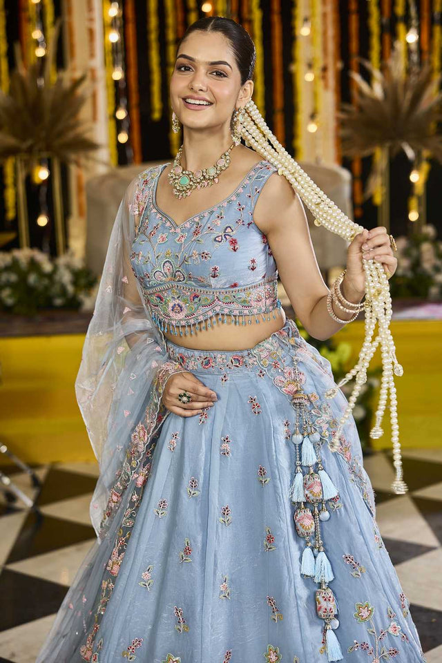 Sky Blue Floral Embriodered Satin Lehenga (ACA1891)