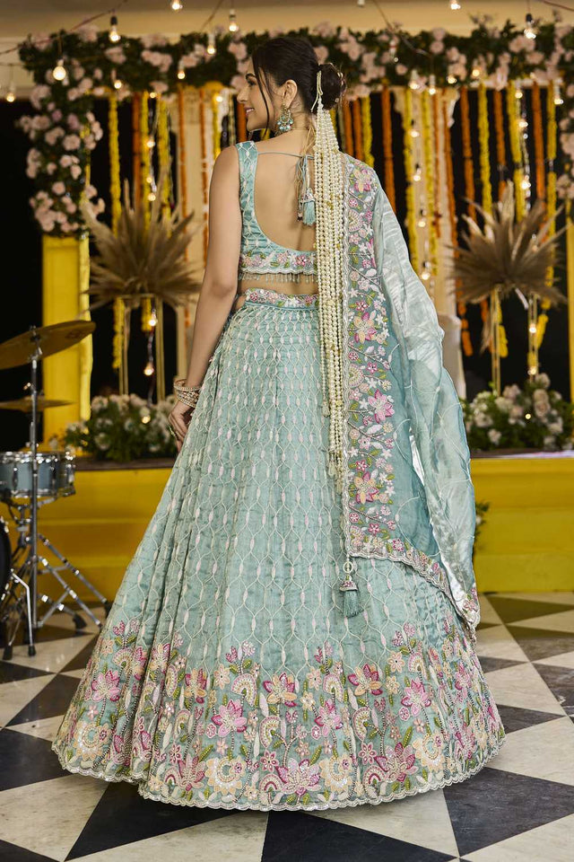Pista Floral Embriodered Satin Lehenga