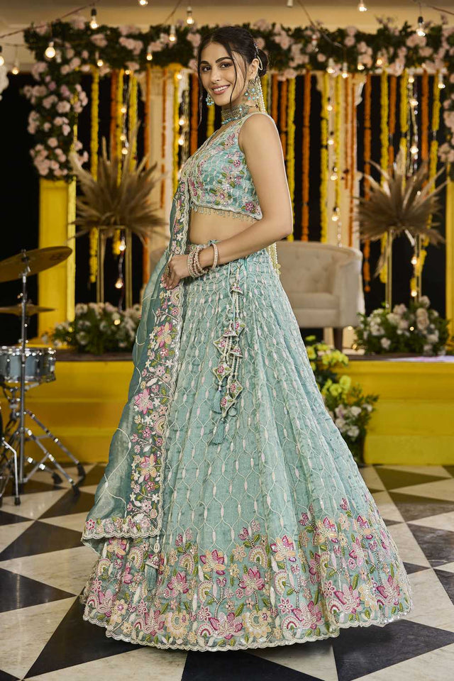 Pista Floral Embriodered Satin Lehenga