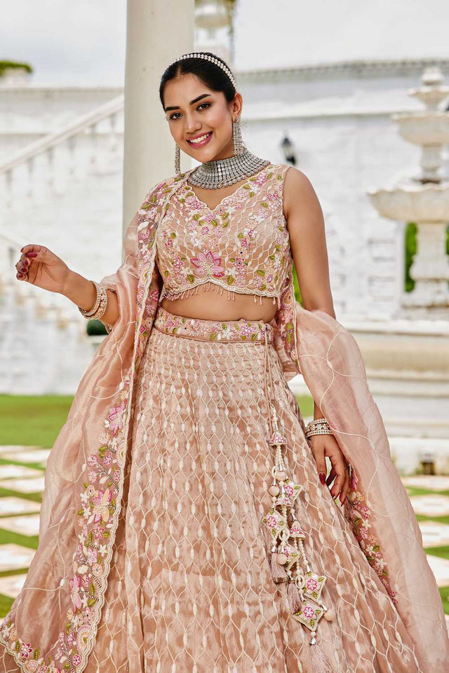 Nude Floral Embriodered Satin Lehenga