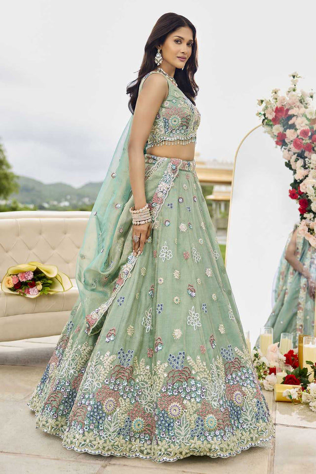 Pista Floral Embriodered Satin Lehenga