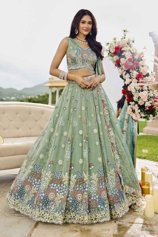 Pista Floral Embriodered Satin Lehenga