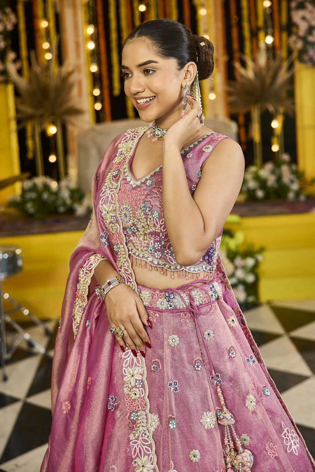Pink Floral Embriodered Satin Lehenga