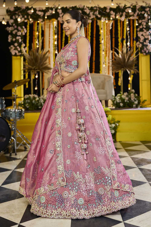 Pink Floral Embriodered Satin Lehenga