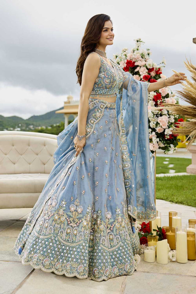 Sky Blue Floral Embriodered Satin Lehenga