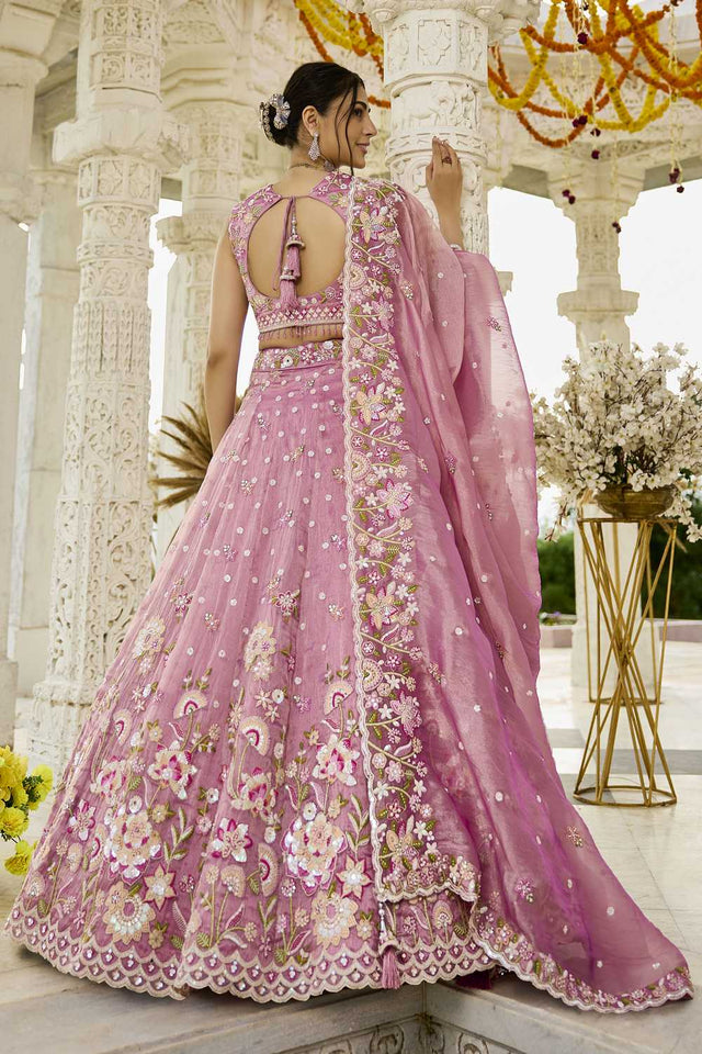 Pink Floral Embriodered Organza Lehenga