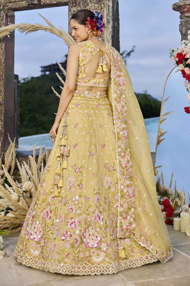 Yellow Floral Embriodered Organza Lehenga