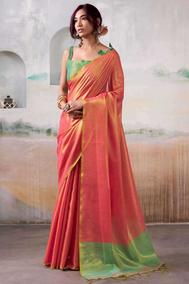 Peach Solid Tissue Saree