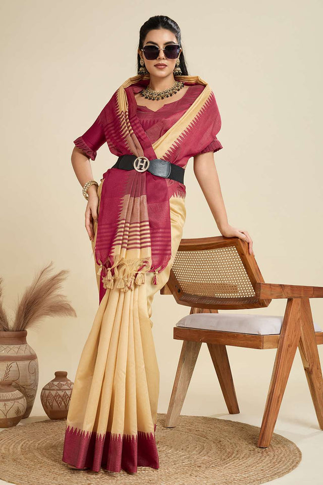 Cream Woven Silk Saree