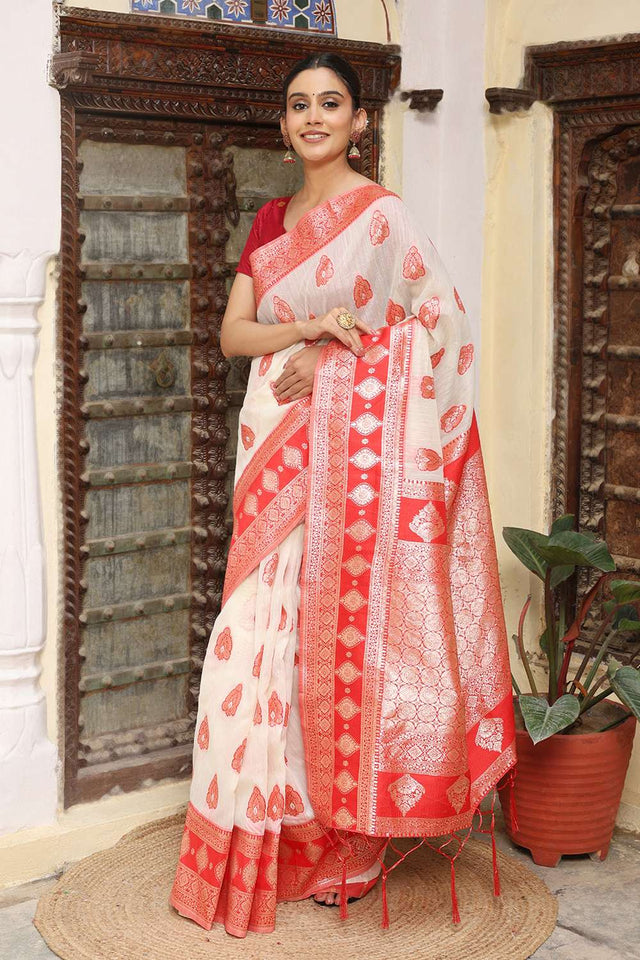 White Woven Linen Saree