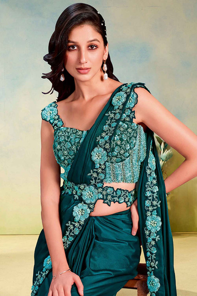 Sea Green Solid with Embellished Satin Ready to Wear Saree