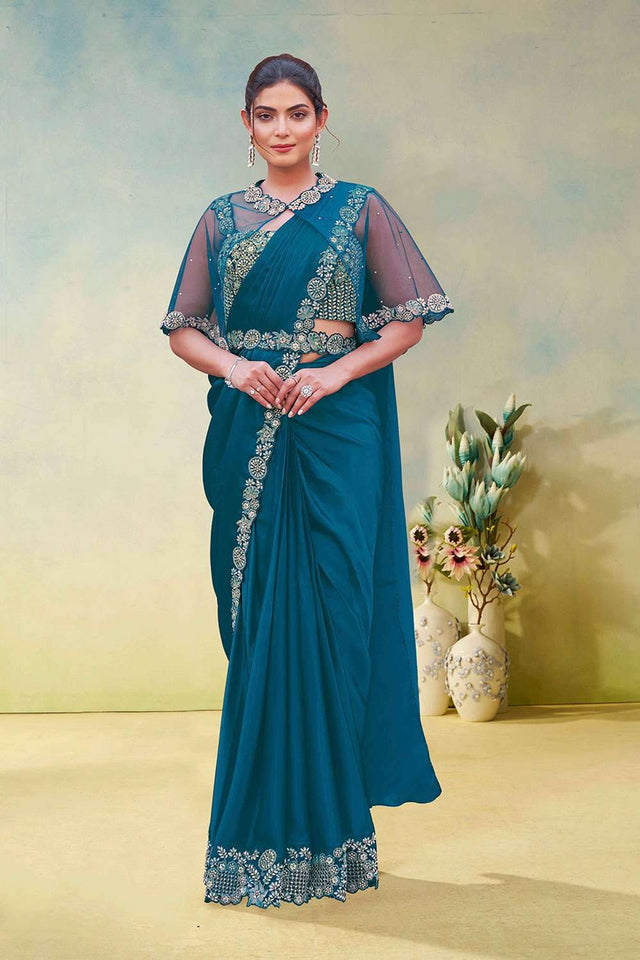 Turquoise Solid with Embellished Satin Ready to Wear Saree