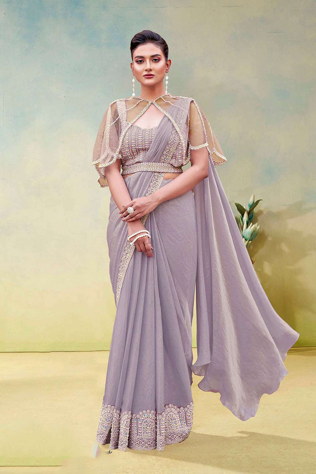 Lavender Solid with Embellished Satin Ready to Wear Saree