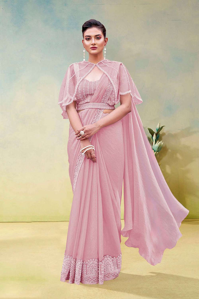 Pink Solid with Embellished Satin Ready to Wear Saree