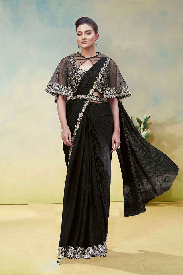 Black Solid with Embellished Satin Ready to Wear Saree
