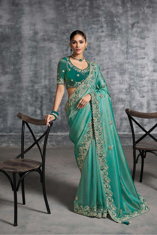 Sea Green Floral Embroidered Tissue Saree