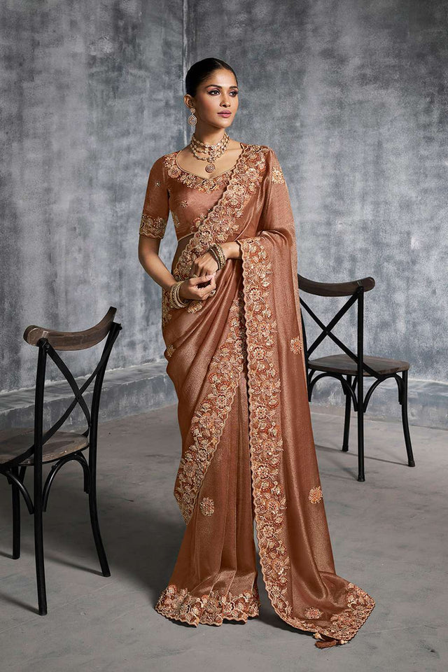 Brown Floral Embroidered Tissue Saree