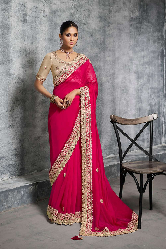 Pink Floral Embroidered Tissue Saree