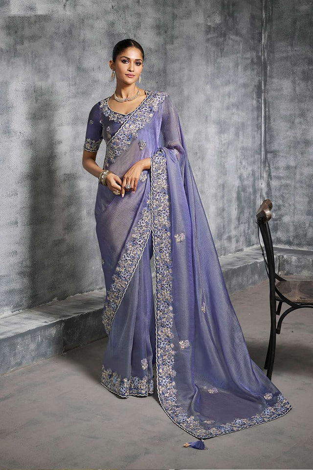 Lavender Floral Embroidered Tissue Saree