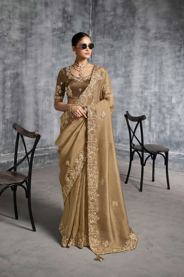 Beige Floral Embroidered Tissue Saree