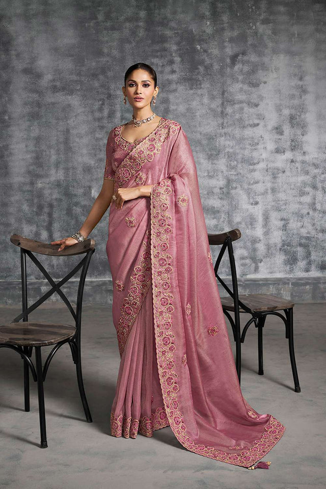 Pink Floral Embroidered Tissue Saree