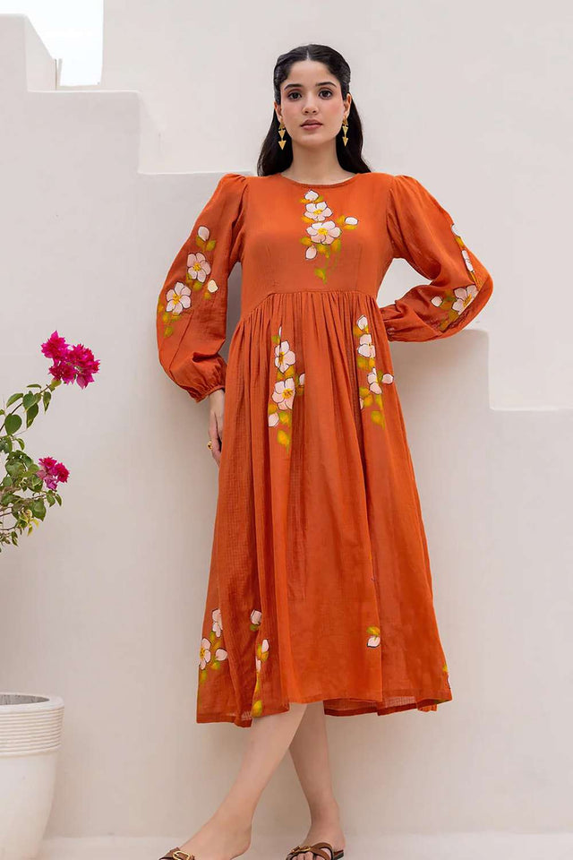 Orange Floral Printed Dresses