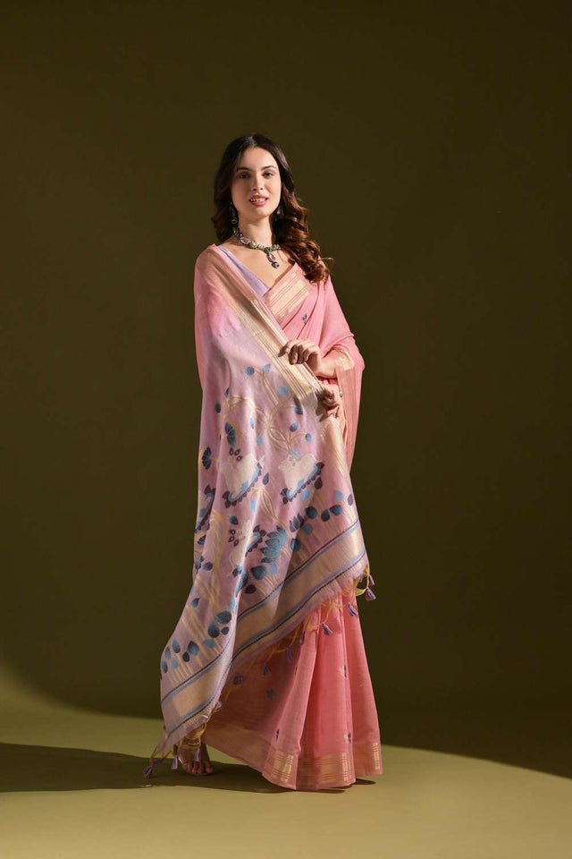 Pink Woven Cotton Saree