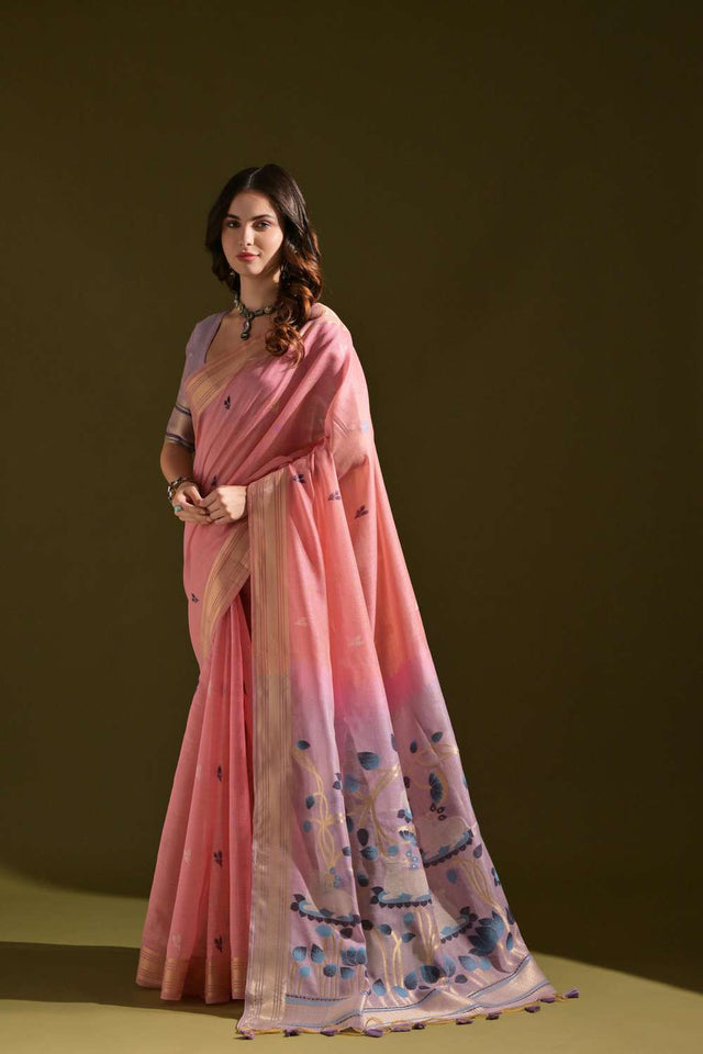 Pink Woven Cotton Saree