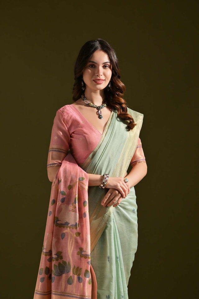 Sea Green Woven Cotton Saree