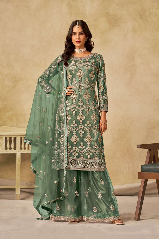 Green Floral Sequin Net Palazzo Suit Set