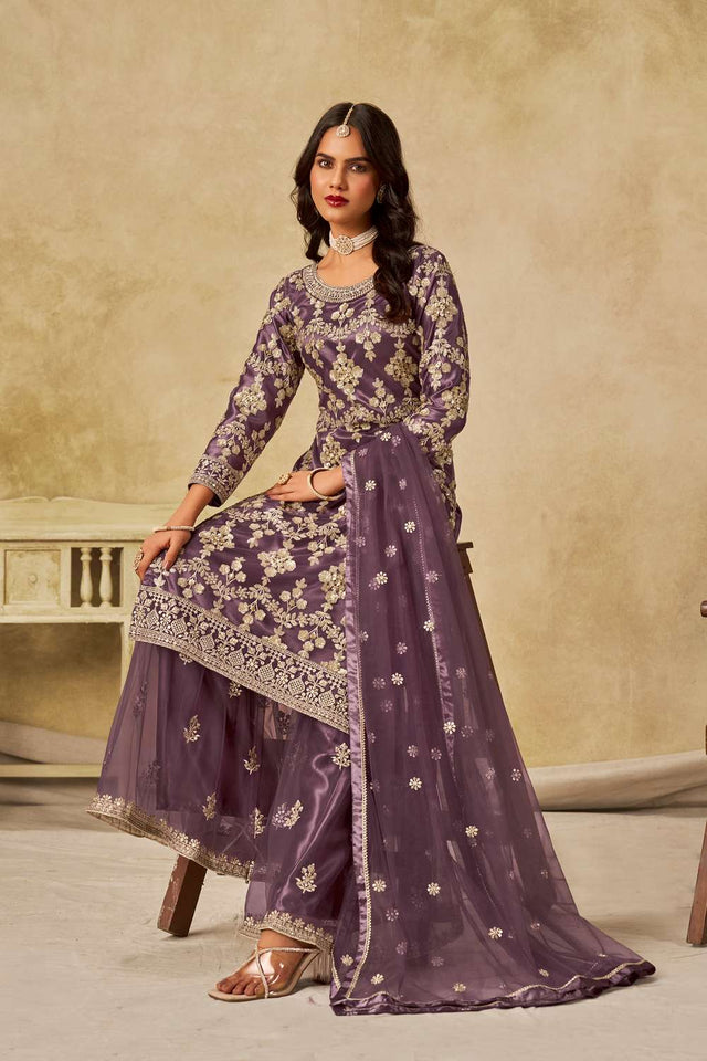 Lavender Floral Sequin Net Palazzo Suit Set