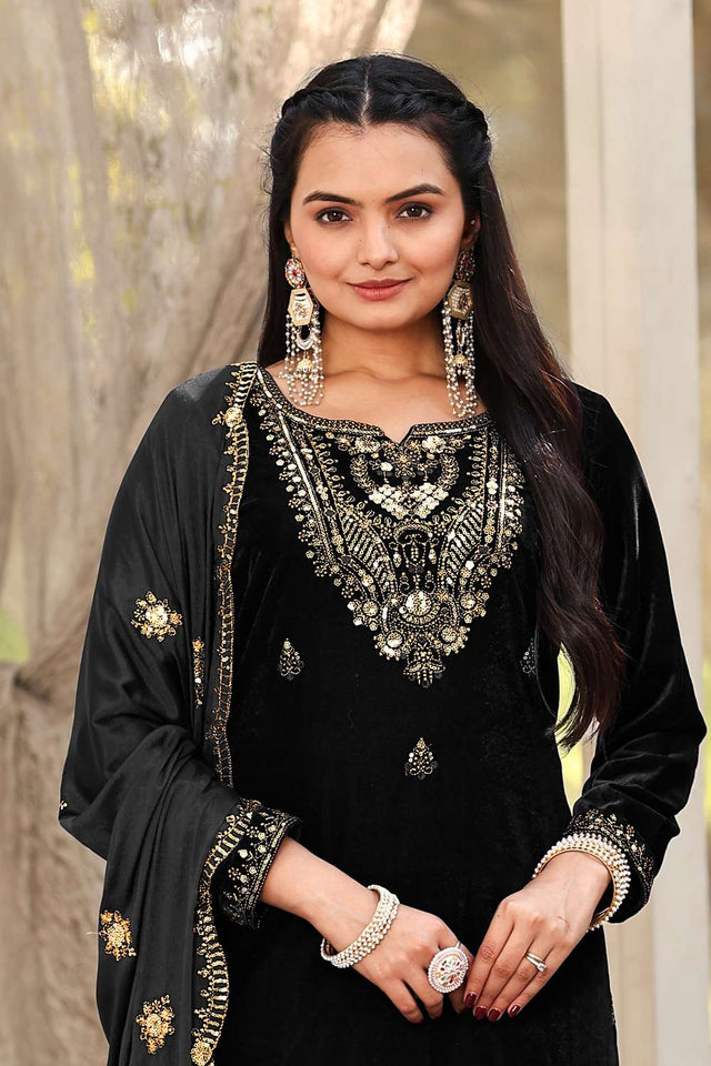 Black Sequin Velvet Straight Cut Suit Set