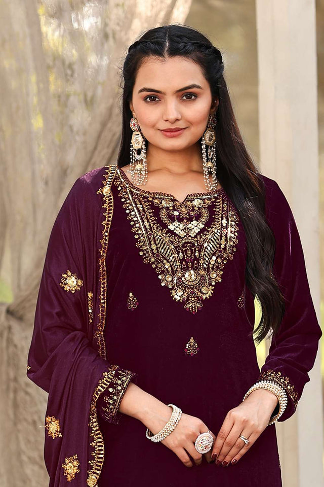Wine Sequin Velvet Straight Cut Suit Set