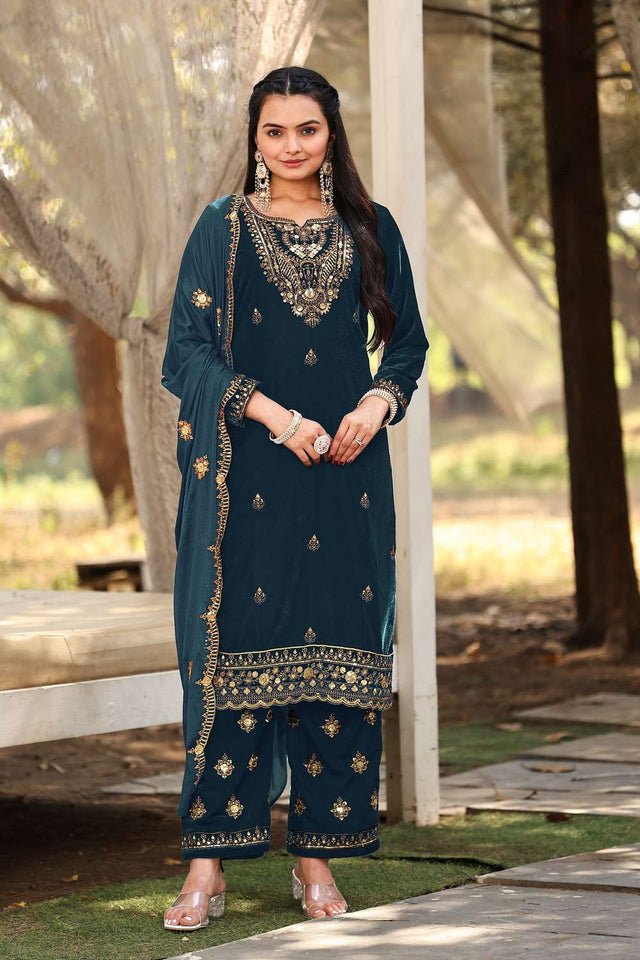 Turquoise Sequin Velvet Straight Cut Suit Set (ACA2219)