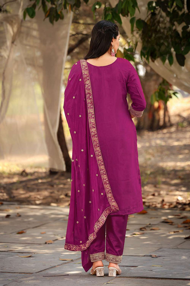 Purple Woven with Sequin Jacquard Straight Cut Suit Set