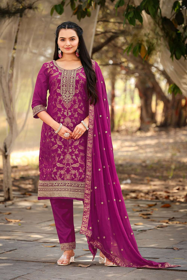 Purple Woven with Sequin Jacquard Straight Cut Suit Set