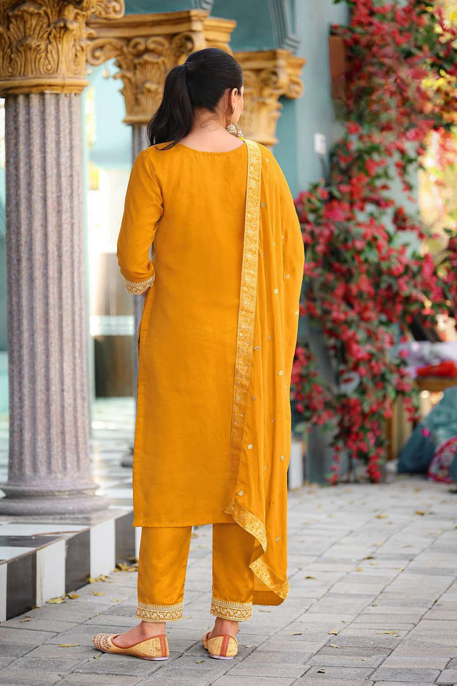 Yellow Woven with Sequin Jacquard Straight Cut Suit Set