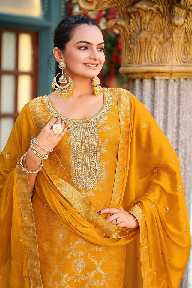Yellow Woven with Sequin Jacquard Straight Cut Suit Set