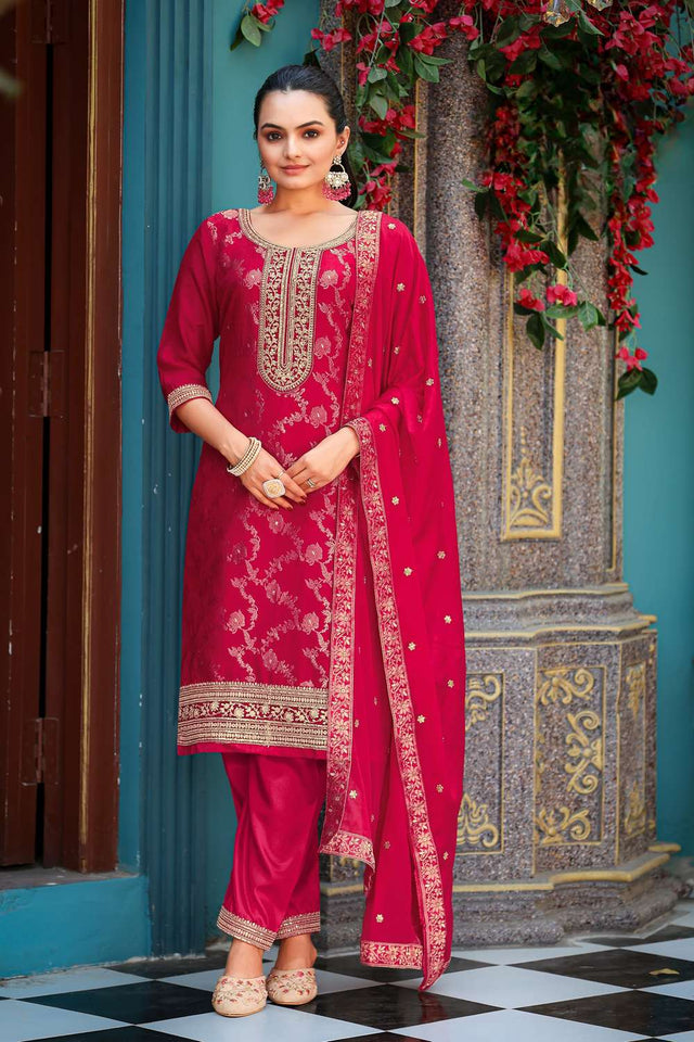 Pink Woven with Sequin Jacquard Straight Cut Suit Set